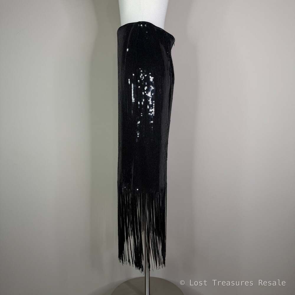 Muse | Black Sequin Fringe Pencil Midi Skirt Party Cocktail Glam Rocker US 4 - Picture 7 of 8